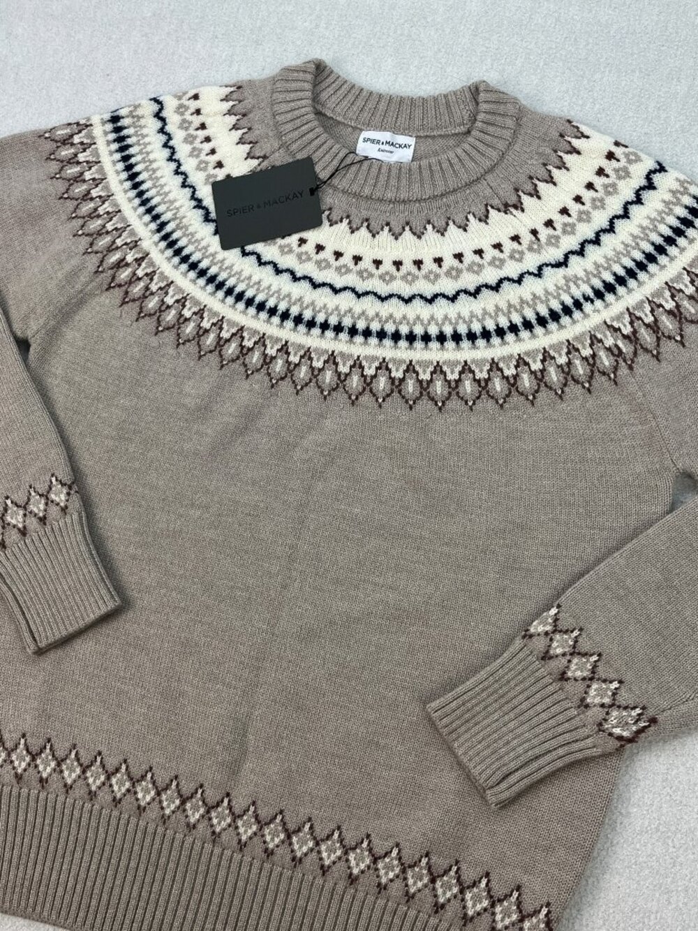 Spier & Mackay Fair Isle Crewneck Mens S Beige Gray 100% Merino Wool NEW